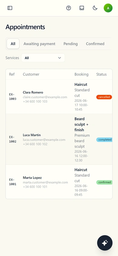 Bookings management mobile preview